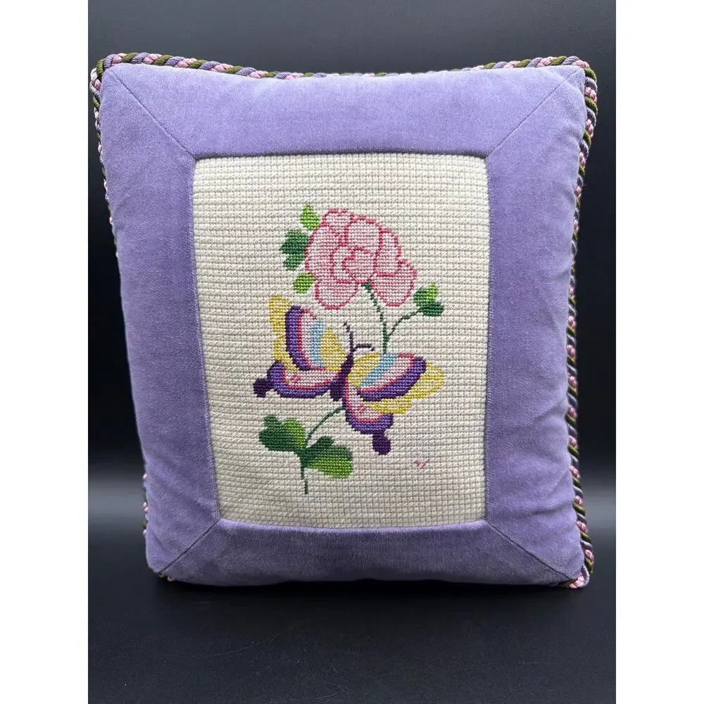 Vintage Needlepoint Pillow Lavender Floral Accent Throw Pillow Handmade 12